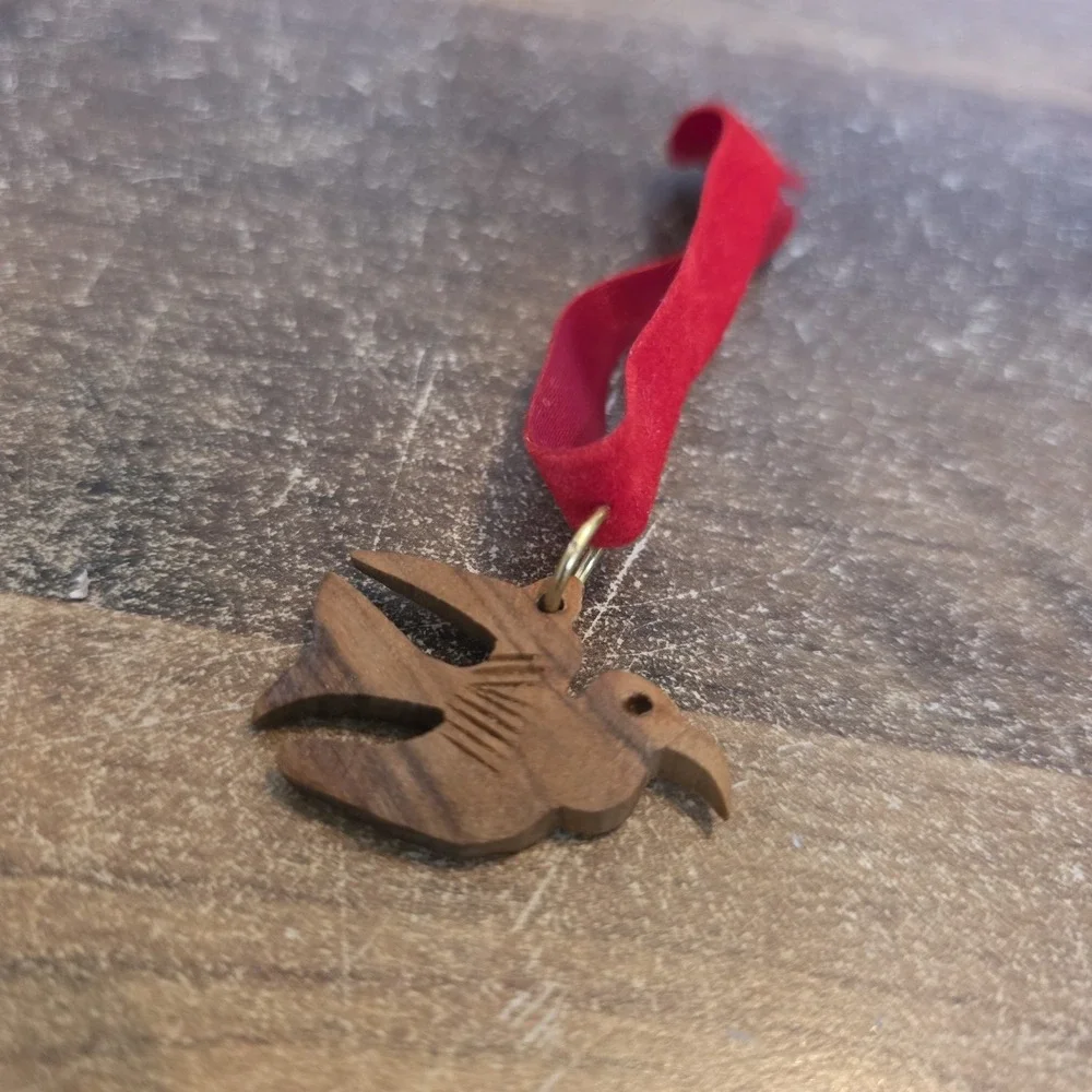 Christmas Tree Ornament Bird Dove Wood Ribbon Miniature Mini Carved Holiday 1.5